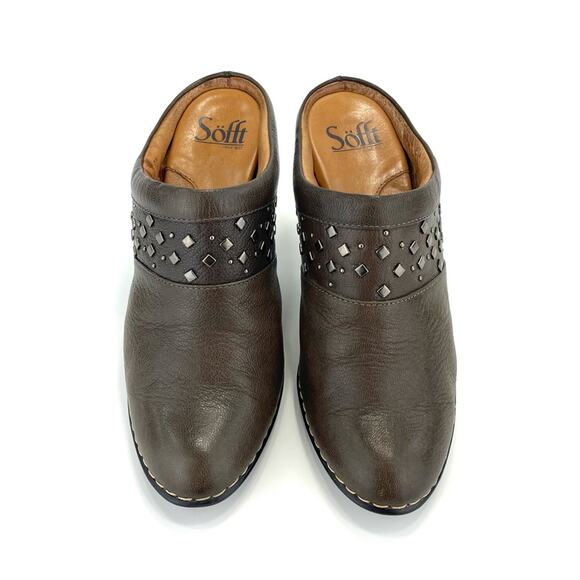 Sofft Soleil High Heel Clog/Mule Size 7.5 Brown/Green Leather Cushioned Studded - Picture 9 of 15